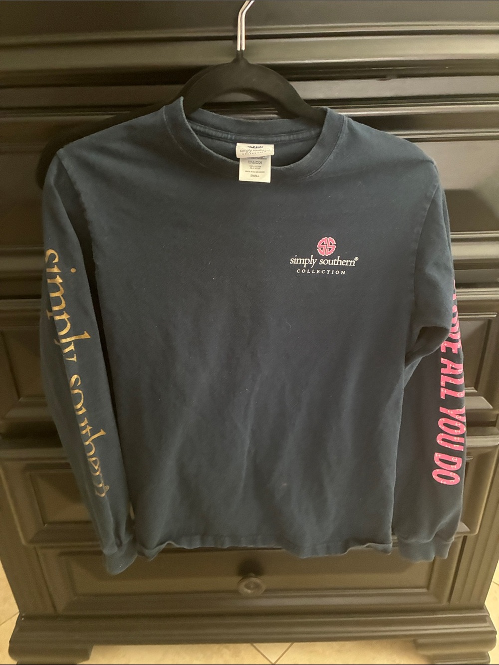 Simply Southern Navy Long Sleeve Tee with Pink Logo and Sleeve Script